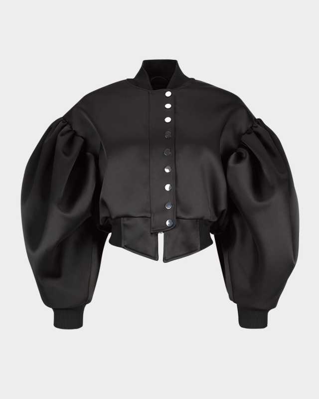 Puff-Sleeve Duchesse Satin Bomber Jacket